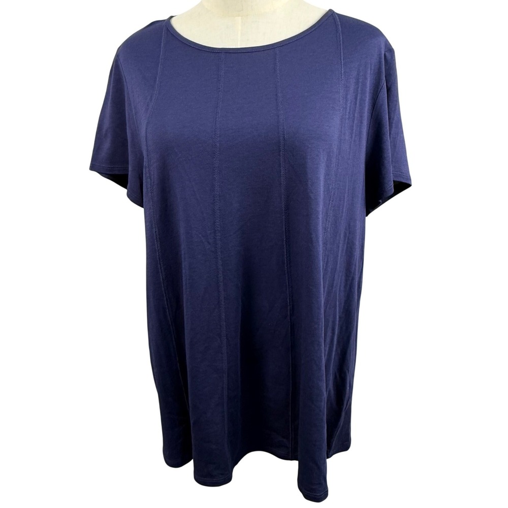 J Jill Navy L Blue Vertical Seam Short Sleeve Cotton Modal Knit Top Lagenlook